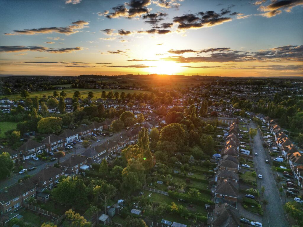 Aerial sunset over a neighbourhood