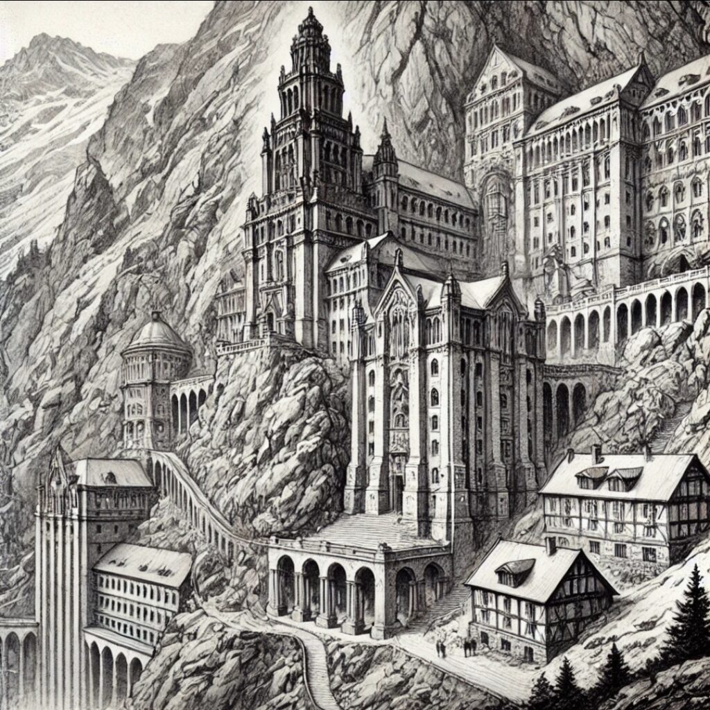 Illustration of the University of Björnhavn carved into a mountain